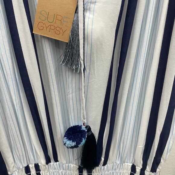 Surf Gypsy Navy and White Stripe Flounce Sleeve Smocked Waist Dress Size Small - Picture 6 of 9